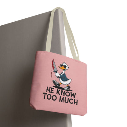 "He Know Too Much" Chaos Duck With Knife Funny Polyester Tote Bag