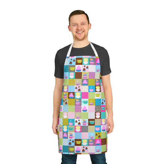 Colorful Retro Tea Party All-Over Print Apron | Teapot & Cup Patchwork Design