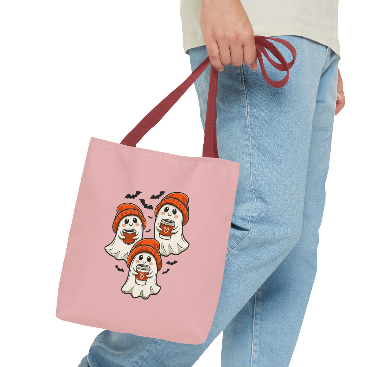 "Spooky Coffee Squad" Cute Ghosts With Beanies Polyester Tote Bag