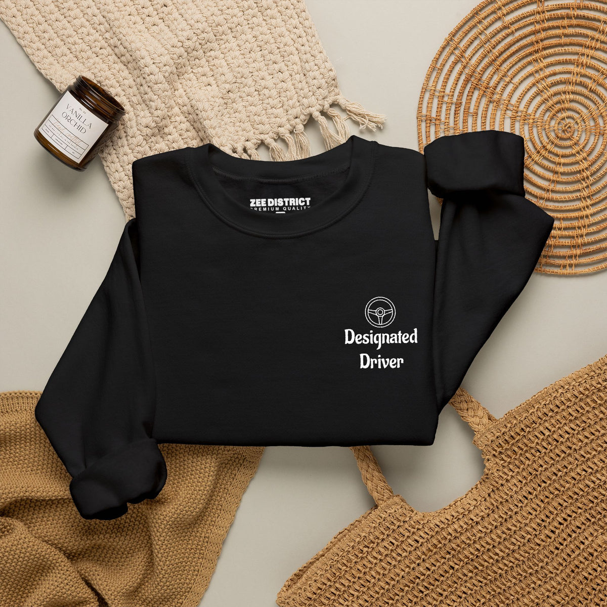 Personalized Designated Driver Embroidered Crewneck Sweatshirt — Custom Name & Date Sleeve Detail