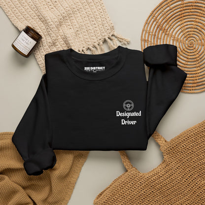 Personalized Designated Driver Embroidered Crewneck Sweatshirt — Custom Name & Date Sleeve Detail