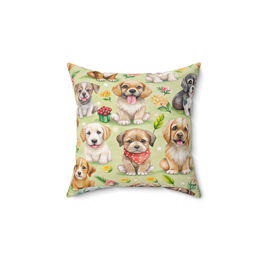 Playful Puppies & Floral Garden Faux Suede Square Pillow | Dog Lover Accent Cushion