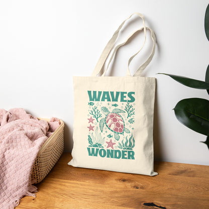 Waves & Wonder Sea Turtle Ocean Life Cotton Canvas Tote Bag
