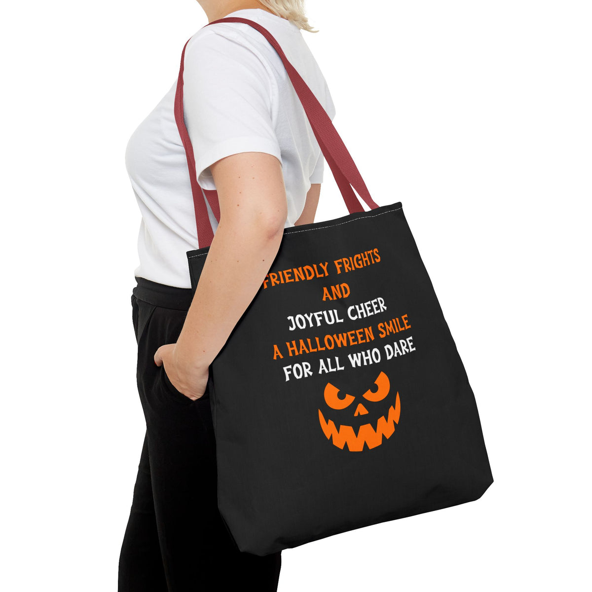 Halloween Jack-O'-Lantern Tote Bag — "Friendly Frights and Joyful Cheer" Trick-or-Treat Reusable Shopper