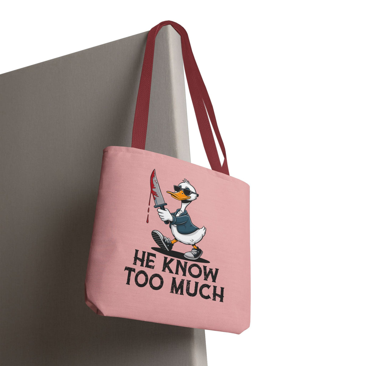 "He Know Too Much" Chaos Duck With Knife Funny Polyester Tote Bag
