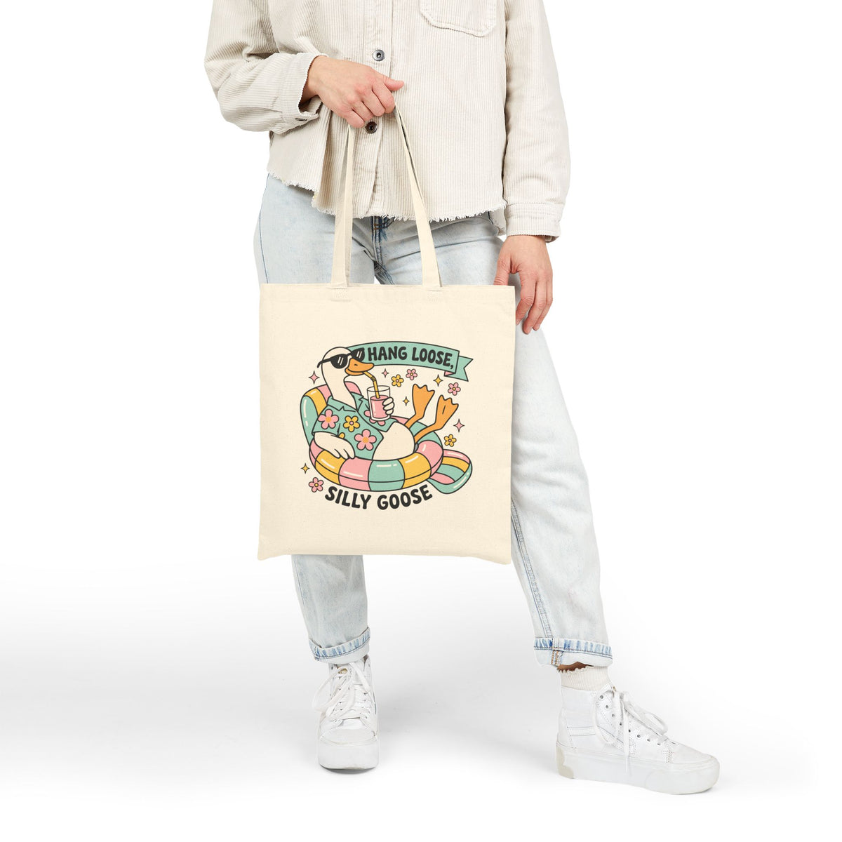 "Hang Loose, Silly Goose" Retro Duck Lounge Cotton Canvas Tote Bag