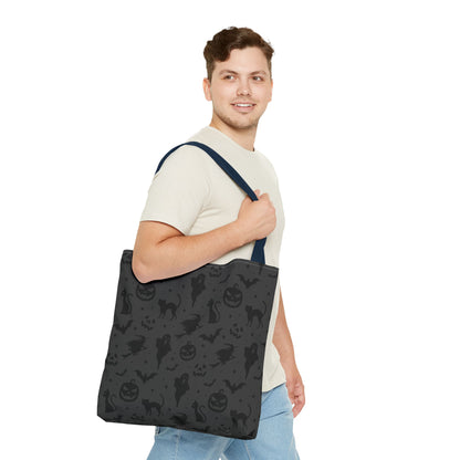 Midnight Spooky Halloween Pattern Tote Bag | Moody Dark Grey Shopper