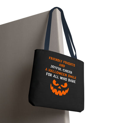 Halloween Jack-O'-Lantern Tote Bag — "Friendly Frights and Joyful Cheer" Trick-or-Treat Reusable Shopper