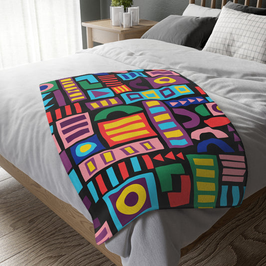 Retro Geometric Pop: Abstract Blocks Velveteen Throw Blanket (Two-sided print)