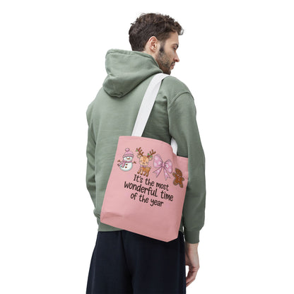 "It's The Most Wonderful Time Of The Year" Pink Holiday Icons Polyester Tote Bag