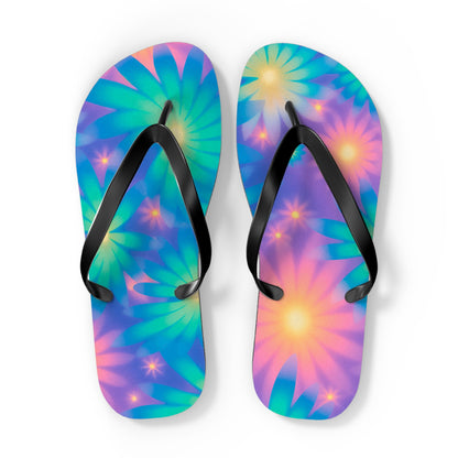 Neon Glow Floral Cosmic Dream Flip Flops — Electric Botanical Summer Sandals