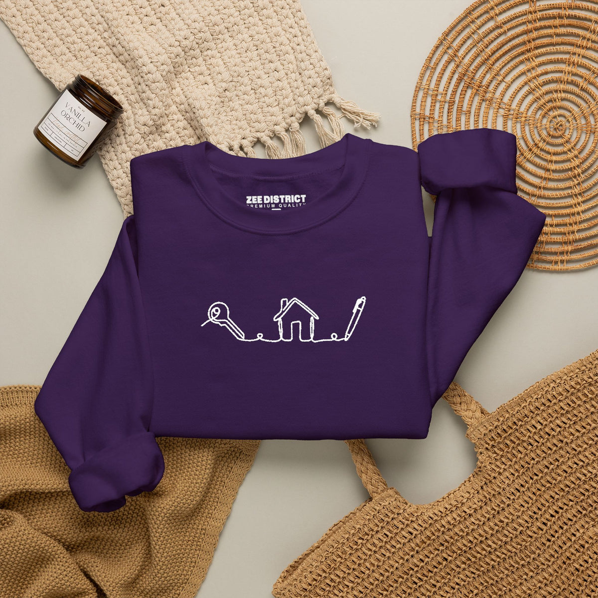 Realtor House Key Pen Line Art White Embroidered Sweatshirt