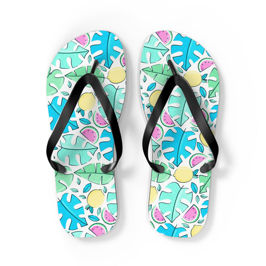 Tropical Watermelon & Lemon Summer Flip Flops — Playful Fruit & Leaf Sandals