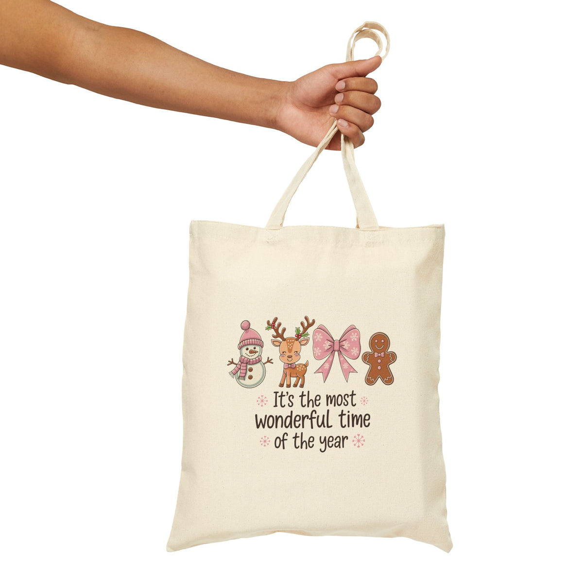 "It's The Most Wonderful Time Of The Year" Pink Holiday Icons Cotton Canvas Tote Bag