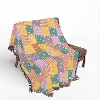 Colorful Patchwork Hearts & Stars Woven Throw Blanket