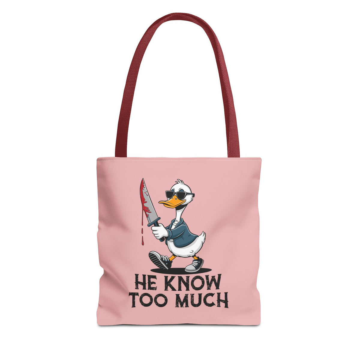 "He Know Too Much" Chaos Duck With Knife Funny Polyester Tote Bag