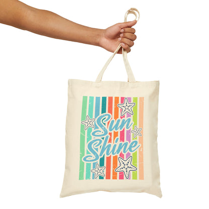 Sun Shine Retro Starfish & Rainbow Stripes Cotton Canvas Tote Bag