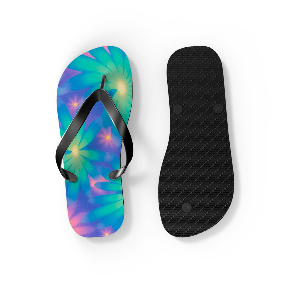 Neon Glow Floral Cosmic Dream Flip Flops — Electric Botanical Summer Sandals