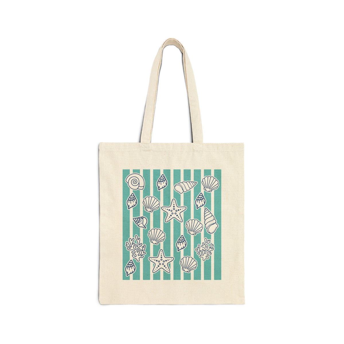 Coastal Seashells & Turquoise Stripes Cotton Canvas Tote Bag