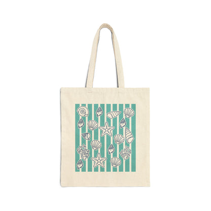 Coastal Seashells & Turquoise Stripes Cotton Canvas Tote Bag