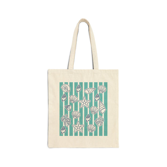 Coastal Seashells & Turquoise Stripes Cotton Canvas Tote Bag