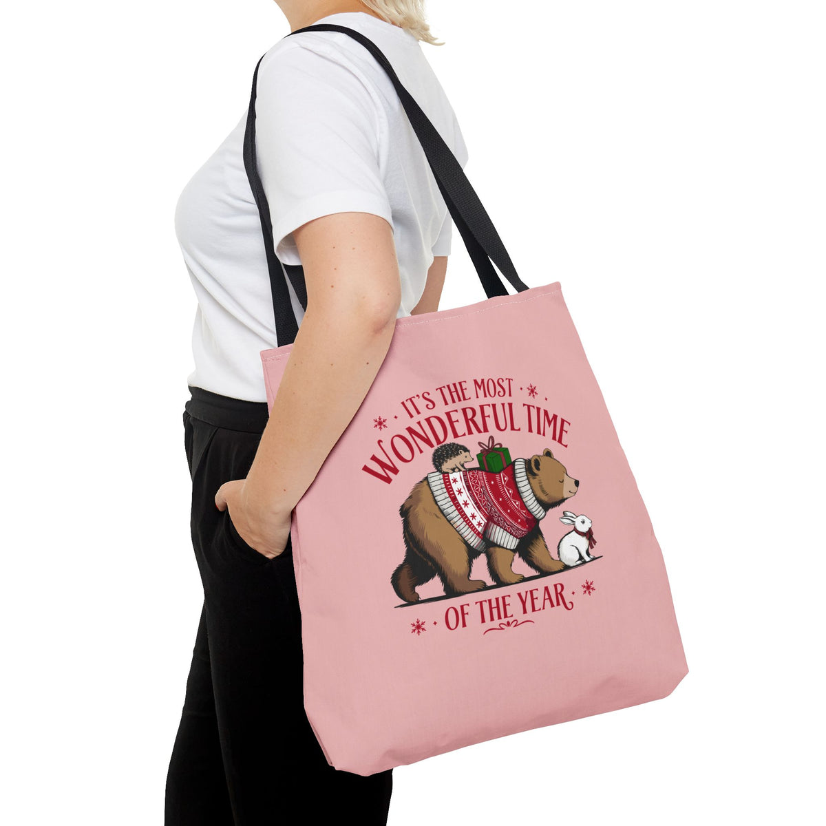 "It's The Most Wonderful Time Of The Year" Woodland Animals Holiday Sweater Polyester Tote Bag