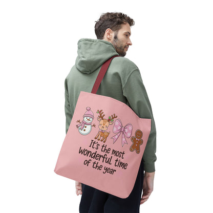 "It's The Most Wonderful Time Of The Year" Pink Holiday Icons Polyester Tote Bag