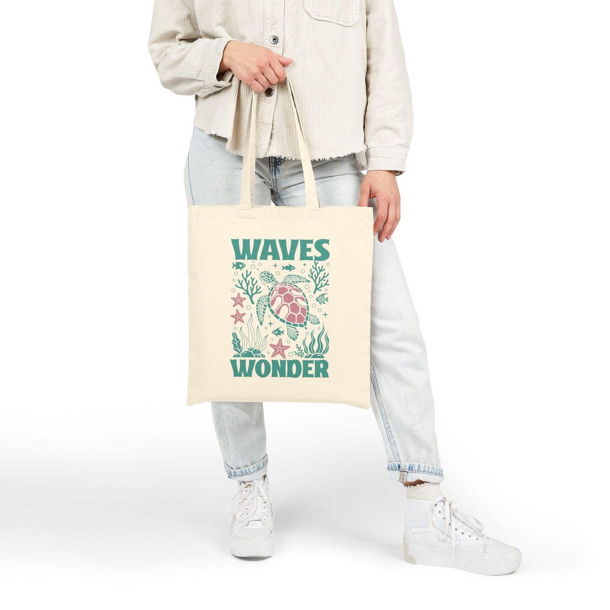 Waves & Wonder Sea Turtle Ocean Life Cotton Canvas Tote Bag