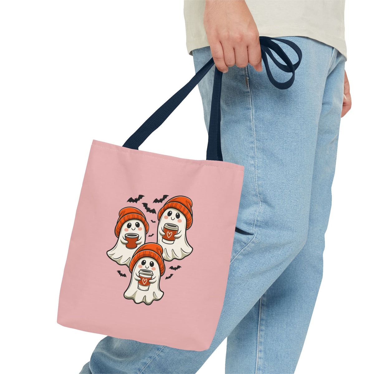 "Spooky Coffee Squad" Cute Ghosts With Beanies Polyester Tote Bag