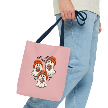"Spooky Coffee Squad" Cute Ghosts With Beanies Polyester Tote Bag