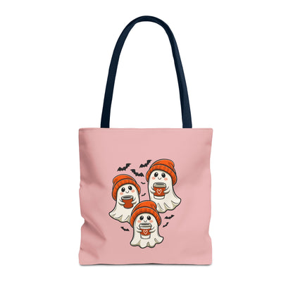 "Spooky Coffee Squad" Cute Ghosts With Beanies Polyester Tote Bag