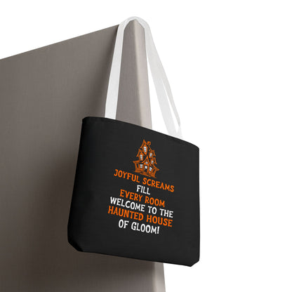 Halloween Haunted House Tote Bag — "Joyful Screams" Trick-or-Treat Reusable Shopper