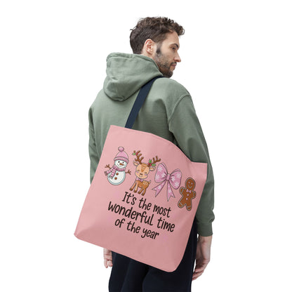 "It's The Most Wonderful Time Of The Year" Pink Holiday Icons Polyester Tote Bag