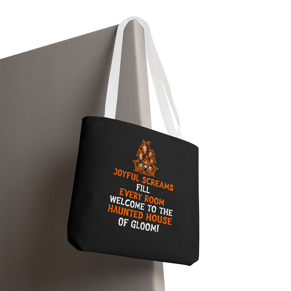 Halloween Haunted House Tote Bag — "Joyful Screams" Trick-or-Treat Reusable Shopper
