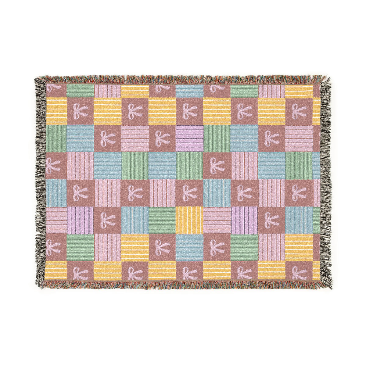 Cozy Patchwork & Pink Bows Woven Throw Blanket