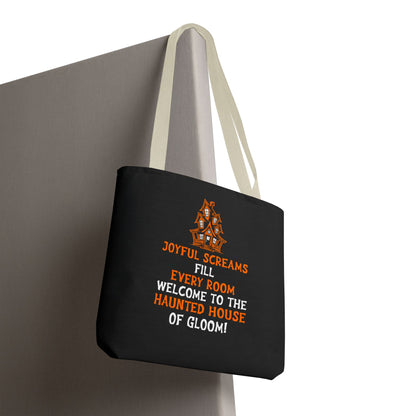 Halloween Haunted House Tote Bag — "Joyful Screams" Trick-or-Treat Reusable Shopper