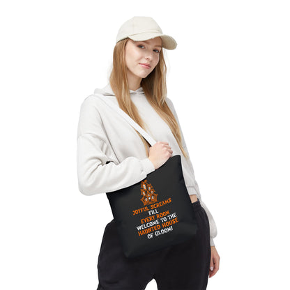 Halloween Haunted House Tote Bag — "Joyful Screams" Trick-or-Treat Reusable Shopper