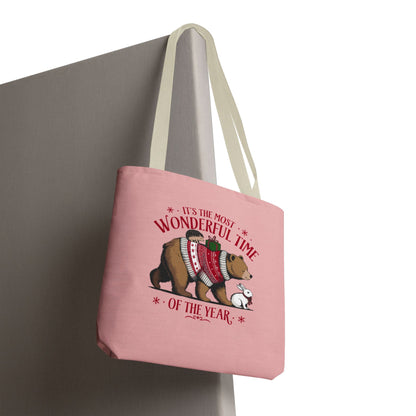 "It's The Most Wonderful Time Of The Year" Woodland Animals Holiday Sweater Polyester Tote Bag