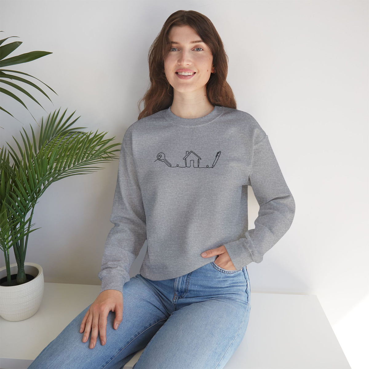 Realtor House Key Pen Line Art Embroidered Sweatshirt