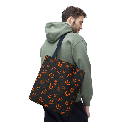 Spooky Jack-O'-Lantern Faces Pattern Tote Bag | Neon Orange & Black Halloween Shopper