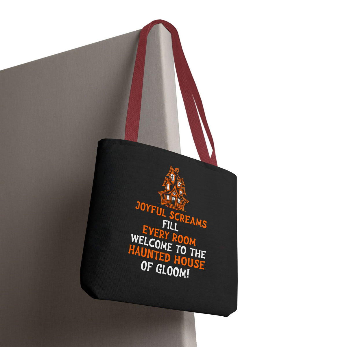 Halloween Haunted House Tote Bag — "Joyful Screams" Trick-or-Treat Reusable Shopper
