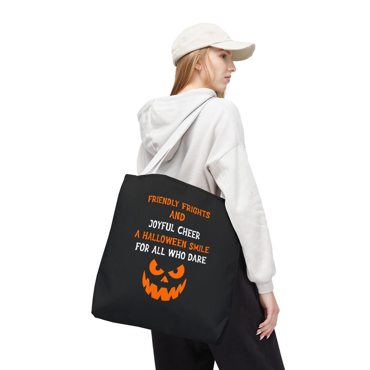Halloween Jack-O'-Lantern Tote Bag — "Friendly Frights and Joyful Cheer" Trick-or-Treat Reusable Shopper