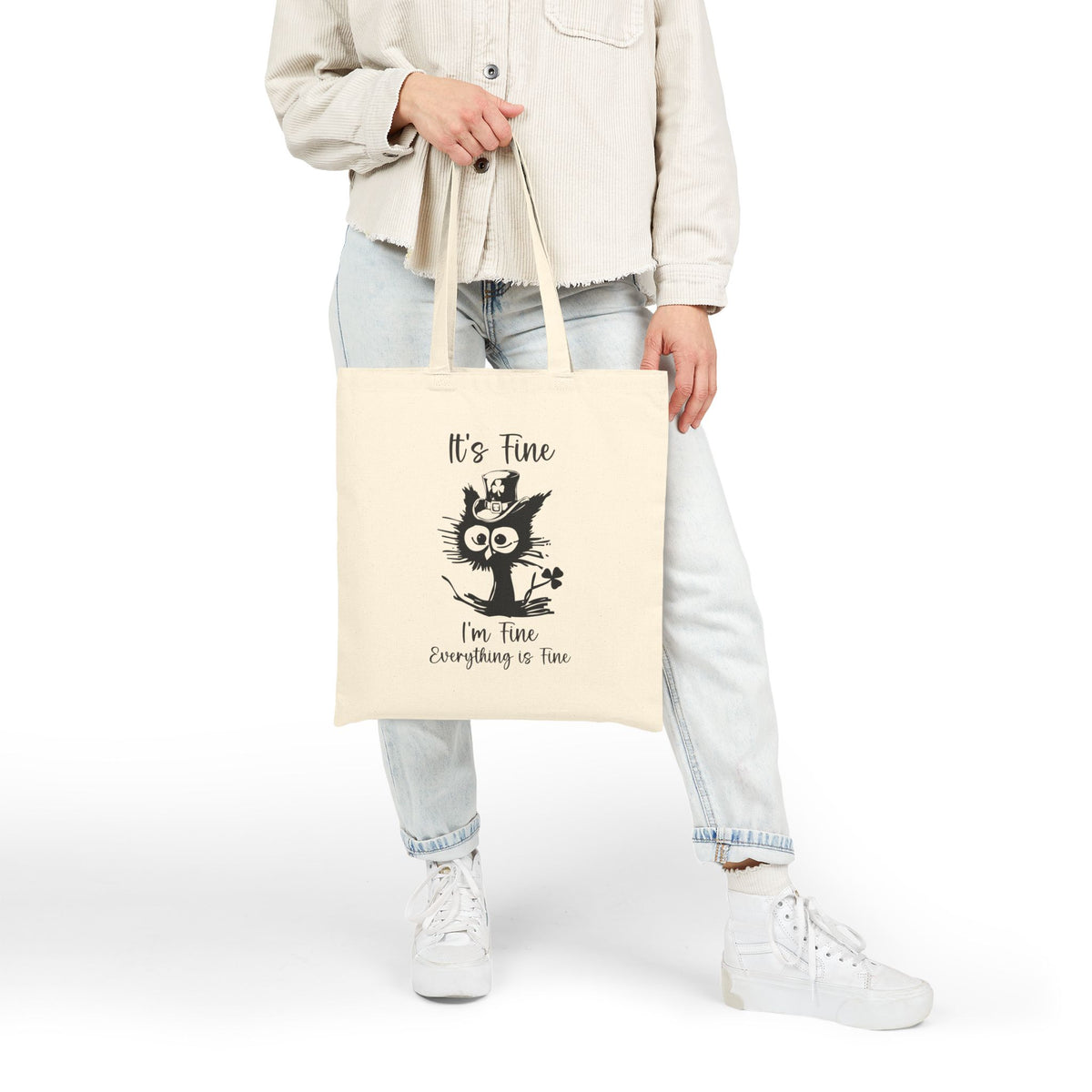 "It's Fine I'm Fine Everything is Fine" St. Patrick's Day Cat Cotton Canvas Tote Bag