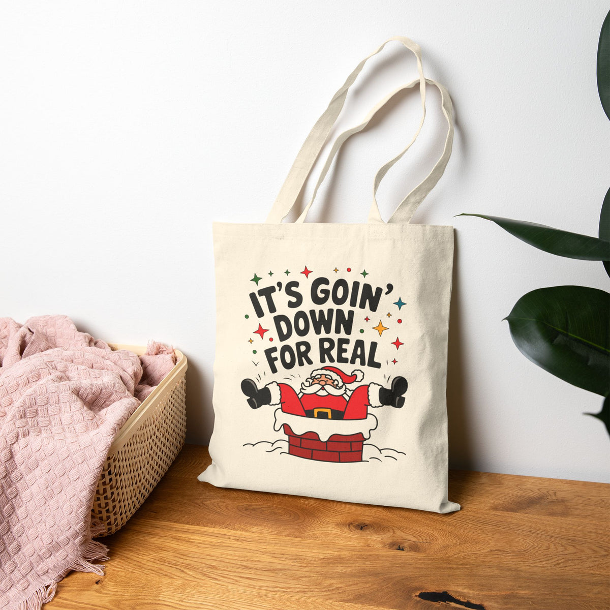 "It's Goin' Down For Real" Santa Stuck in Chimney Funny Christmas Cotton Canvas Tote Bag