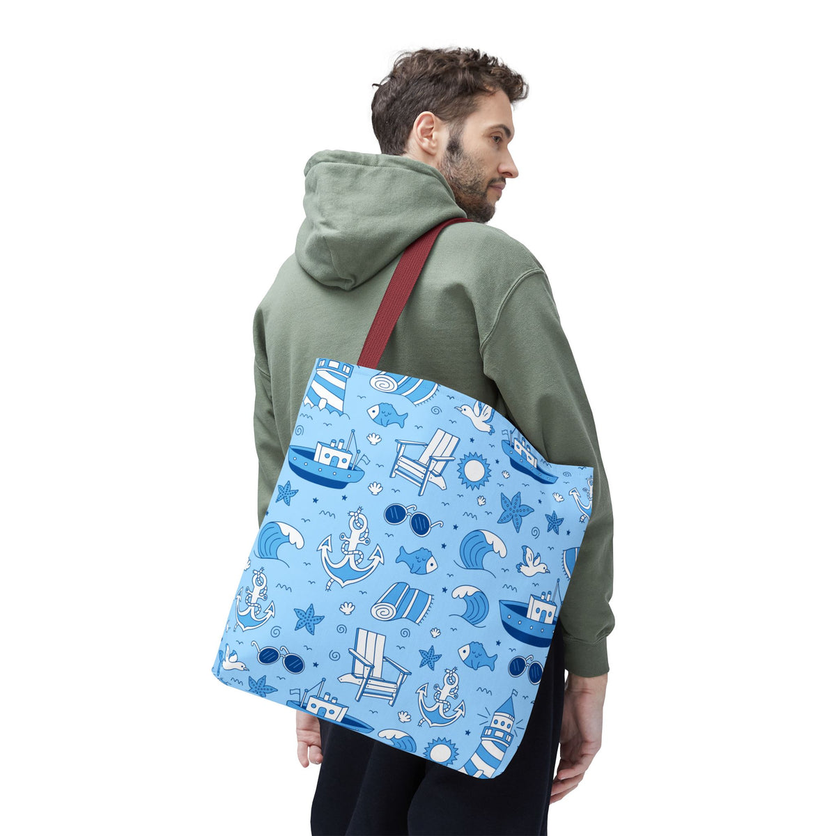 Nautical Coastal Pattern Tote Bag | Blue & White Beach Day Shopper