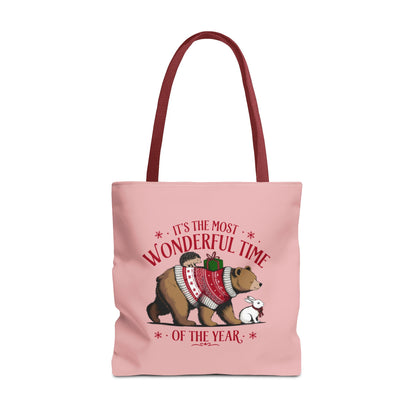 "It's The Most Wonderful Time Of The Year" Woodland Animals Holiday Sweater Polyester Tote Bag