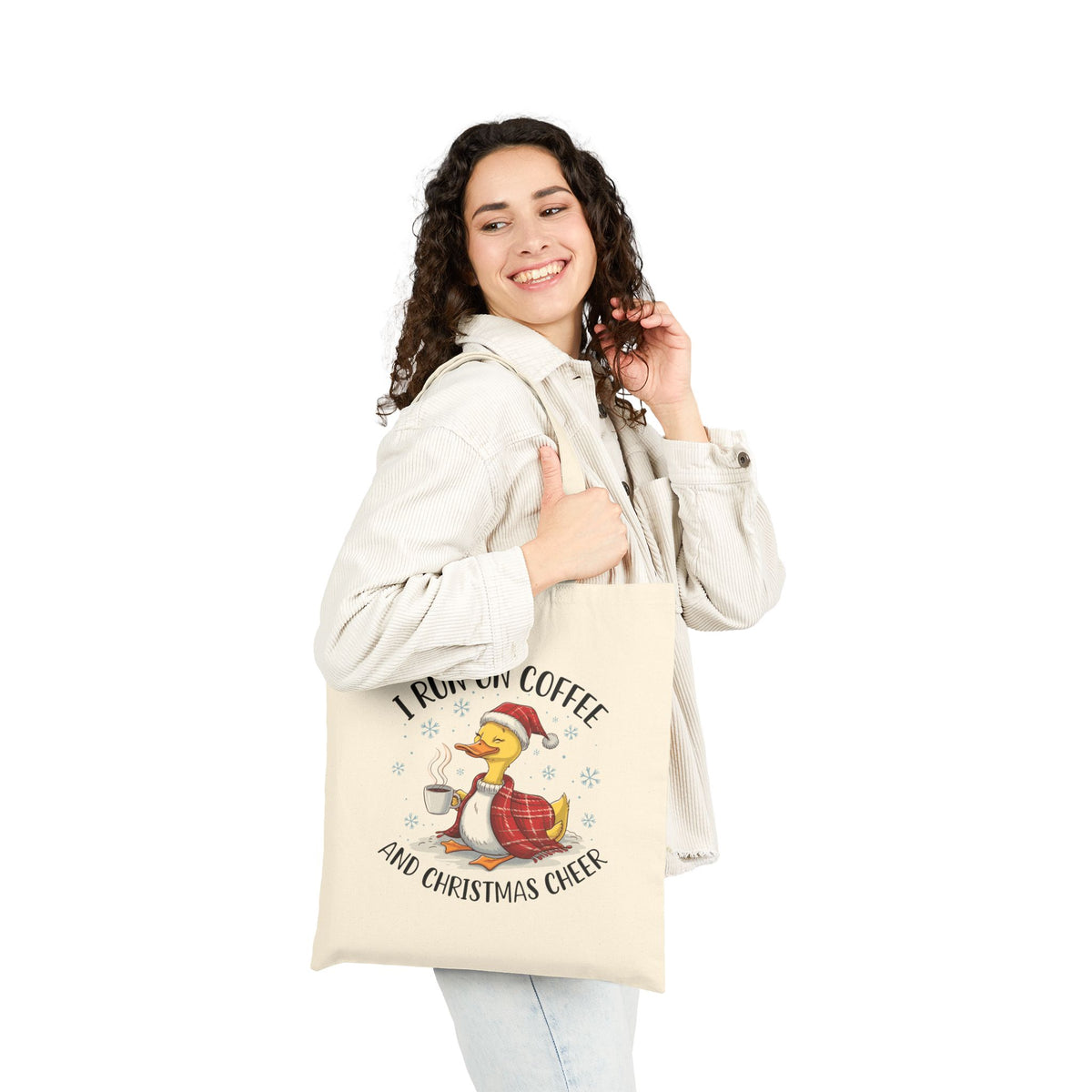 "I Run On Coffee And Christmas Cheer" Cozy Duck Coffee Lover Cotton Canvas Tote Bag