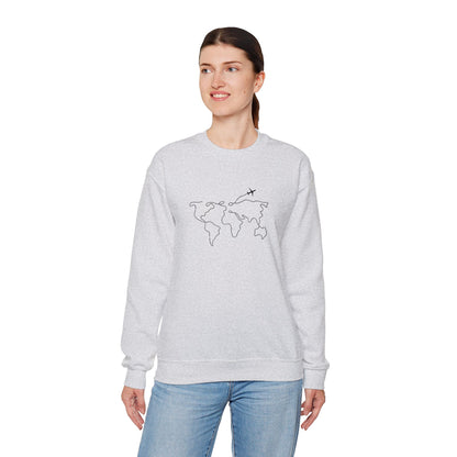 Travel Map Crewneck Sweatshirt — Minimal World Map with Airplane