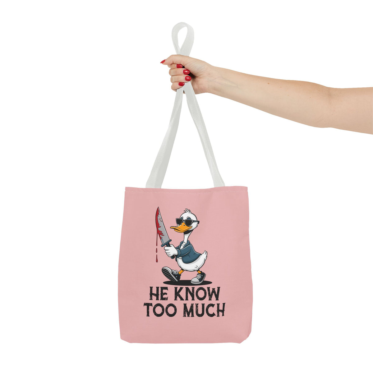 "He Know Too Much" Chaos Duck With Knife Funny Polyester Tote Bag