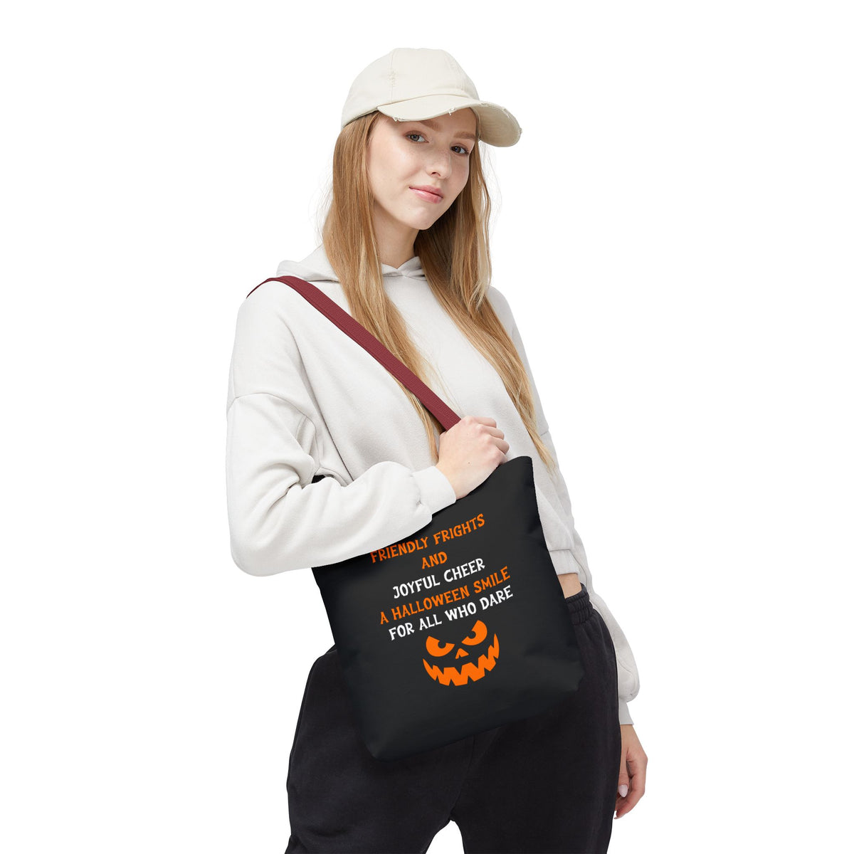 Halloween Jack-O'-Lantern Tote Bag — "Friendly Frights and Joyful Cheer" Trick-or-Treat Reusable Shopper